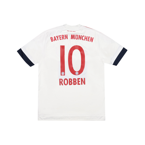 Bayern Munich 2015-16 away football shirt in white with black trim, featuring the number 10 and the name 'ROBBEN' on the back.
